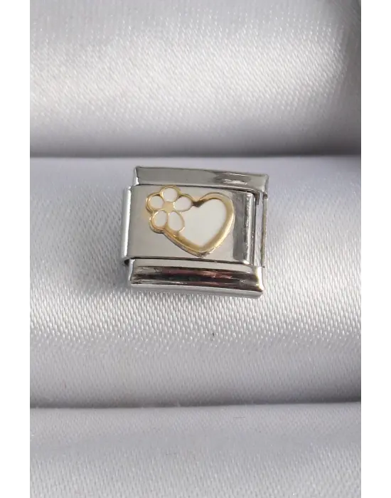 316L Çelik Gümüş Renk Beyaz Kalp Çiçek İşlemeli Nomination Charm