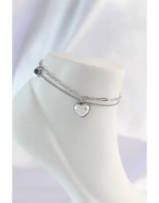 316L Çelik Gümüş Renk Beyaz Kalpli 2li Halhal