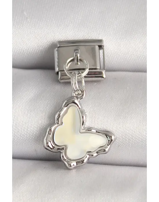 316L Çelik Gümüş Renk Beyaz Kelebek Model Nomination Charm