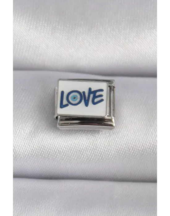 316L Çelik Gümüş Renk Beyaz Mavi Love Yaz İşlemeli Nomination Charm