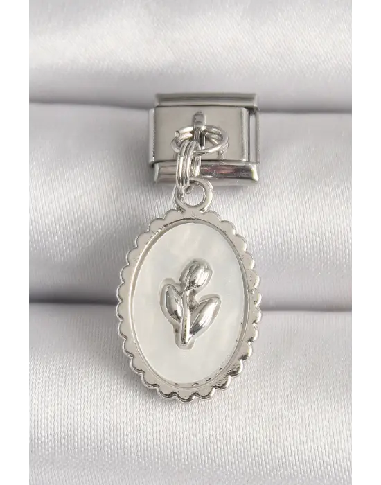 316L Çelik Gümüş Renk Beyaz Mineli Çiçek İşlemeli Nomination Charm
