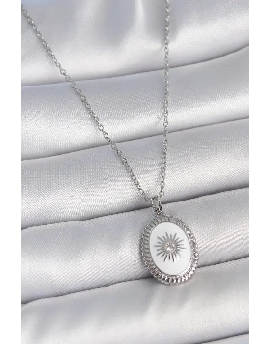 316L Çelik Gümüş Renk Beyaz Mineli Güneş İşlemeli Nazar Boncuk Detay Madalyon Model Kadın Kolye
