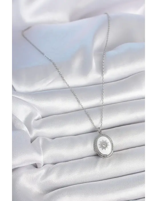 316L Çelik Gümüş Renk Beyaz Mineli Güneş İşlemeli Nazar Boncuk Detay Madalyon Model Kadın Kolye