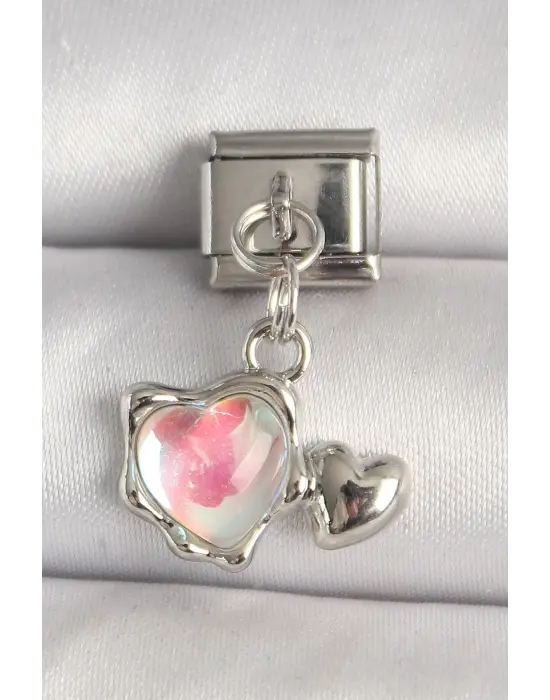 316L Çelik Gümüş Renk Beyaz Mineli Kalp Model Nomination Charm