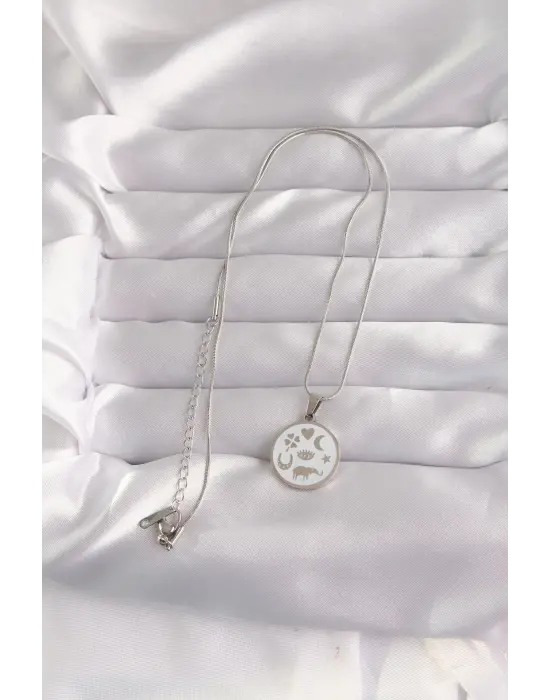  Gümüş  Beyaz Mineli Karışık Figürlü Tarot Çelik Kolye