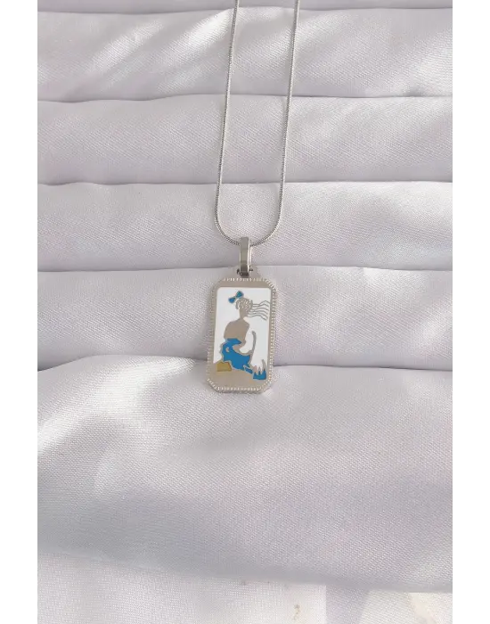  Gümüş  Beyaz Mineli Kız Figür Tarot Çelik Kolye