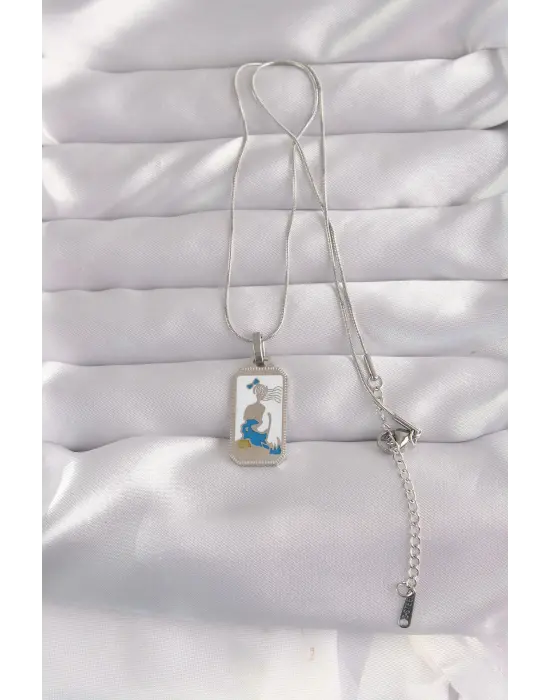  Gümüş  Beyaz Mineli Kız Figür Tarot Çelik Kolye