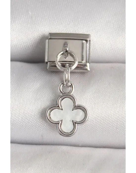 316L Çelik Gümüş Renk Beyaz Mineli Yonca Model Nomination Charm