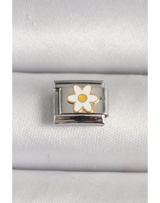316L Çelik Gümüş Renk Beyaz Papatya İşlemeli Nomination Charm