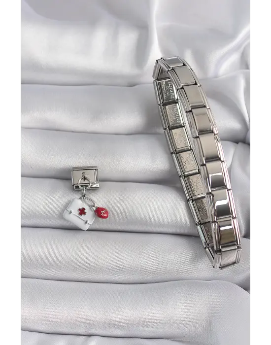 316L Çelik Gümüş Renk Beyaz Sallantı Sağlık Çantası Model Nomination Charm