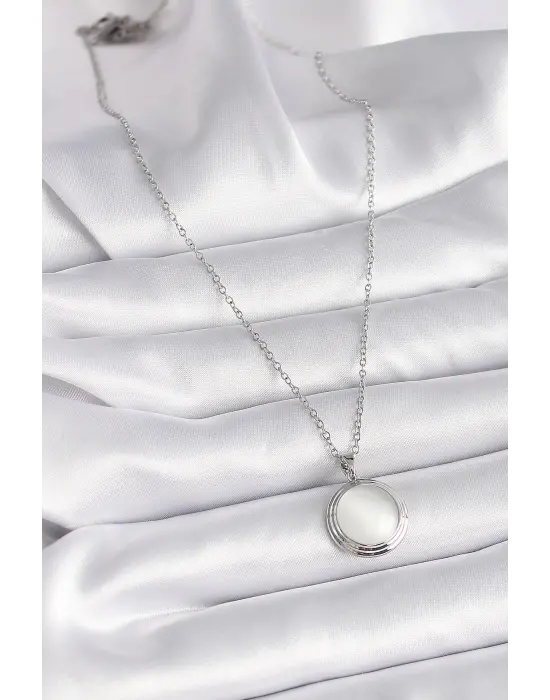  Gümüş  Beyaz Sedefli Daire Model  Çelik Kolye