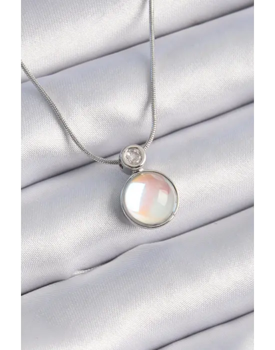  Gümüş  Beyaz Sedefli Vintage Model  Çelik Kolye