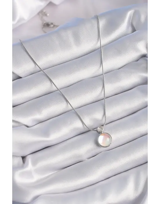  Gümüş  Beyaz Sedefli Vintage Model  Çelik Kolye