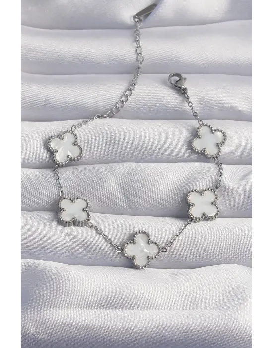 316L Çelik Gümüş Renk Beyaz Sedefli Yonca Bileklik