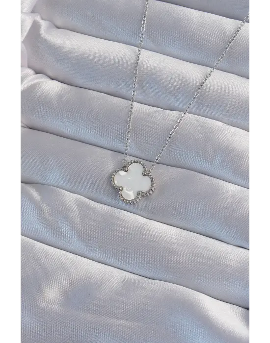  Gümüş  Beyaz Sedefli Yonca Çelik Kolye