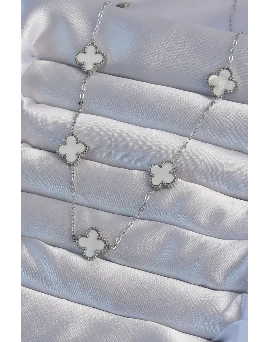  Gümüş  Beyaz Sedefli Yonca Çelik Kolye