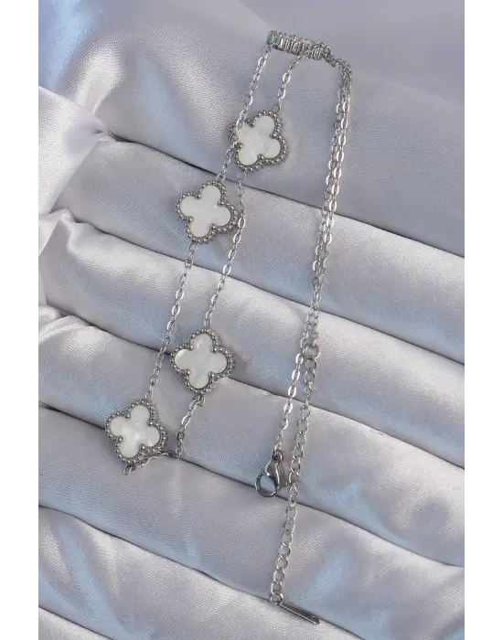  Gümüş  Beyaz Sedefli Yonca Çelik Kolye