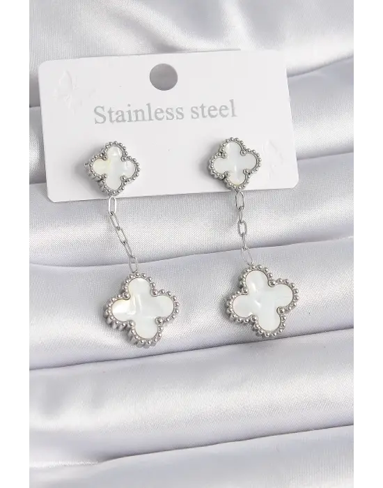   Gümüş Beyaz Sedefli Yonca Model Çelik Küpe