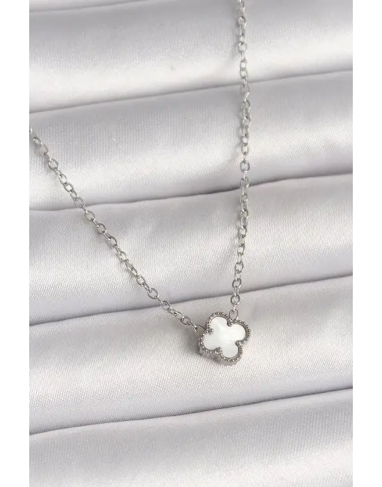 316L Çelik Gümüş Renk Beyaz Yonca Model Kadın Kolye