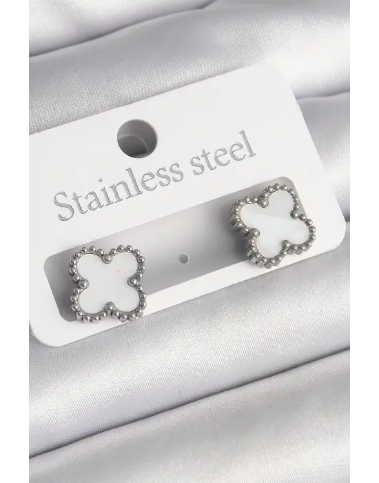   Gümüş Beyaz Yonca Model Çelik Küpe