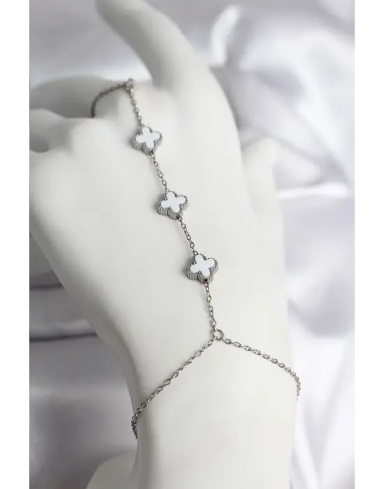 316L Çelik Gümüş Renk Beyaz Yonca Model Kadın Şahmeran