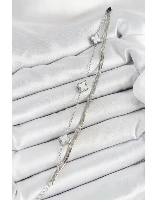 316L Çelik Gümüş Renk Beyaz Yoncalı 2li Kadın Bileklik