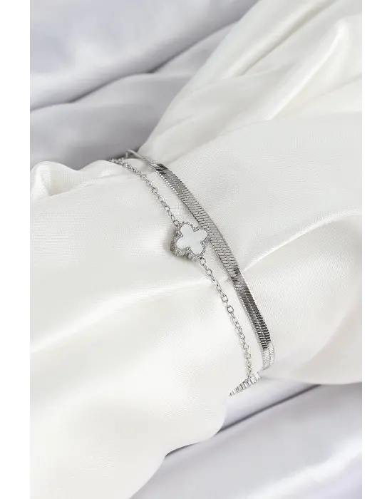 316L Çelik Gümüş Renk Beyaz Yoncalı 2li Kadın Bileklik