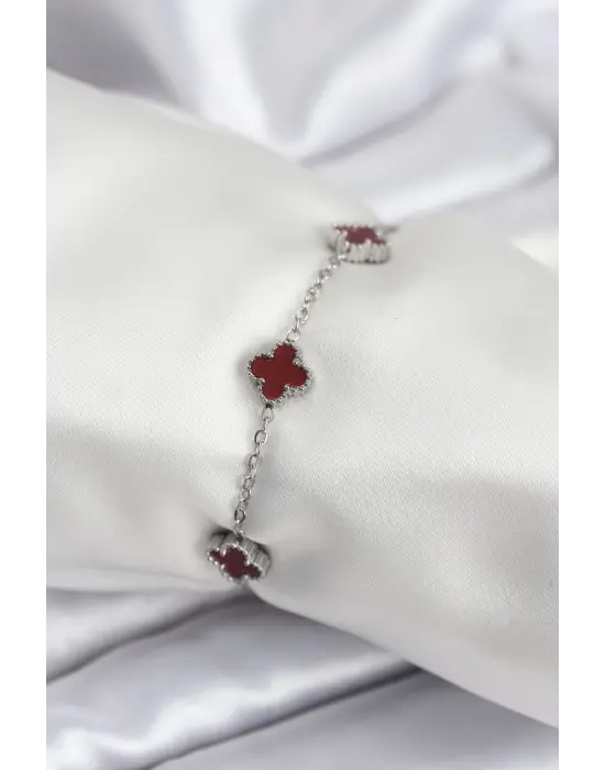 316L Çelik Gümüş Renk Bordo Baby Boy Yonca Kadın Bileklik