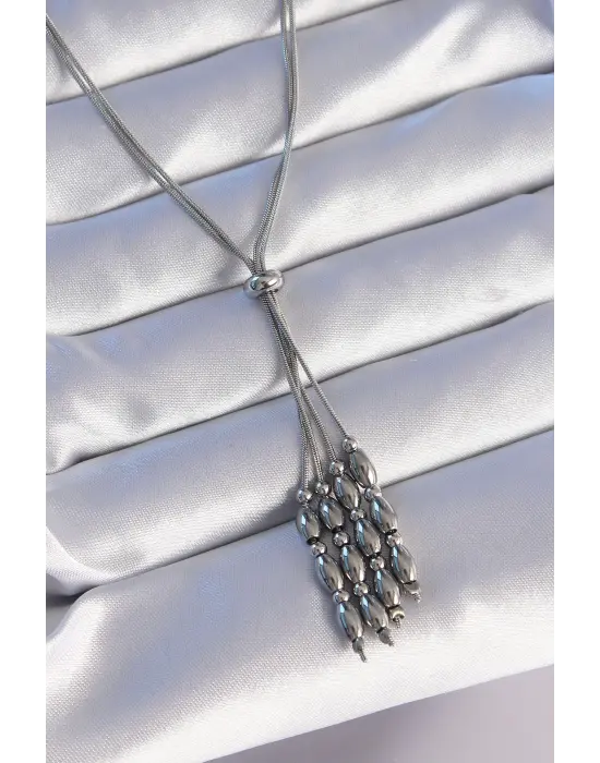  Gümüş  Boyu Ayarlanabilir Sallantılı Model Çelik Kolye