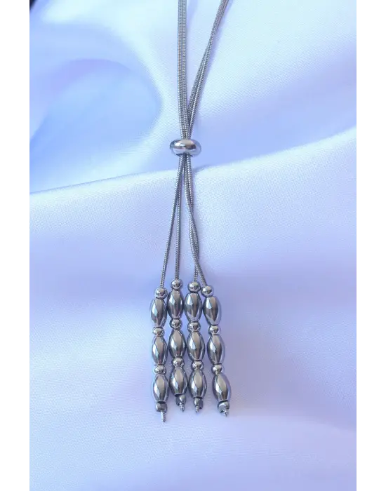  Gümüş  Boyu Ayarlanabilir Sallantılı Model Çelik Kolye