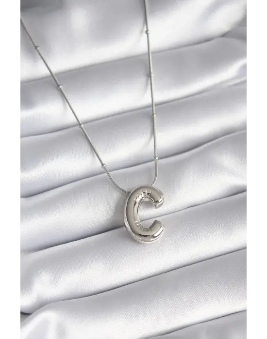 Gümüş  Bubble C Harf Model  Çelik Kolye