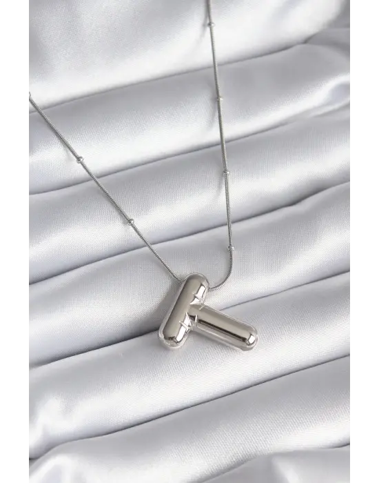  Gümüş  Bubble T Harf Model  Çelik Kolye