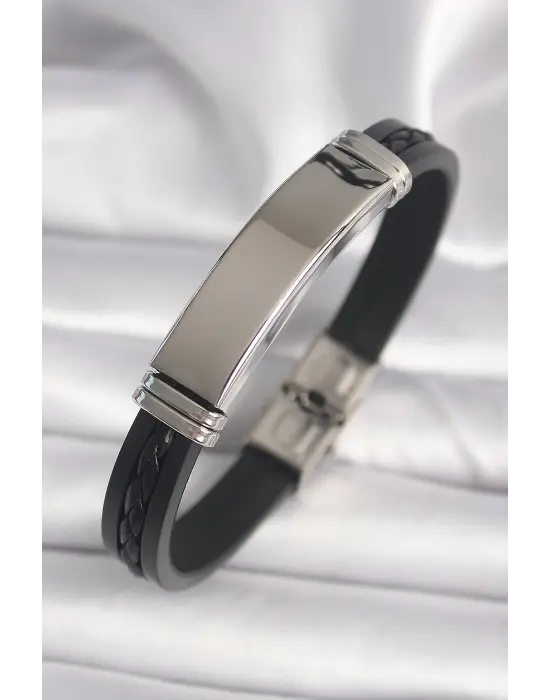 316L Çelik Gümüş Renk Burgu İşlemeli Siyah Deri Kordon Erkek Bileklik