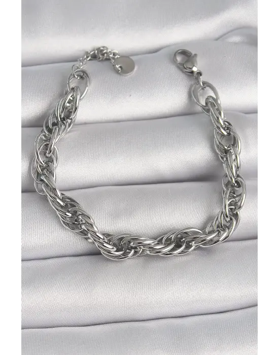 316L Çelik Gümüş Renk Burgu Zincir Model Kadın Bileklik