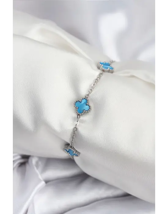 316L Çelik Gümüş Renk Buz Mavisi Baby Boy Yonca Kadın Bileklik