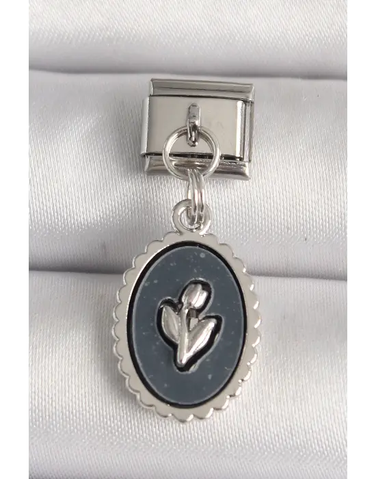 316L Çelik Gümüş Renk Çiçek İşlemeli Siyah Portre Model Nomination Charm