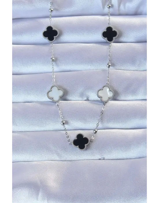  Gümüş  Çift li Mineli Yonca Çelik Kolye