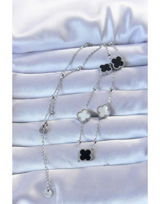  Gümüş  Çift li Mineli Yonca Çelik Kolye