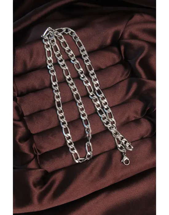 316L Çelik Gümüş Renk Çizgili Kuş Gözü Zincir Kolye