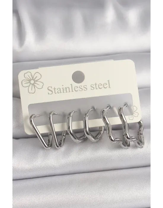   Gümüş Çoklu Kalp Yıldız Figür Çelik Küpe Seti