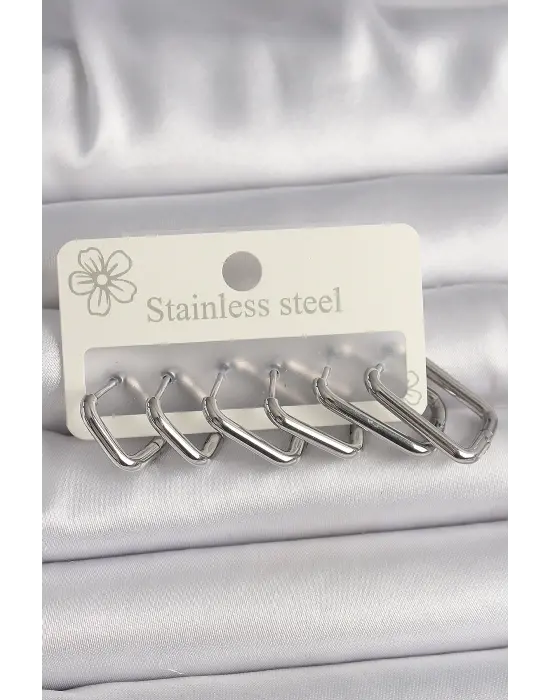   Gümüş Çoklu Kare Model Çelik Küpe Seti