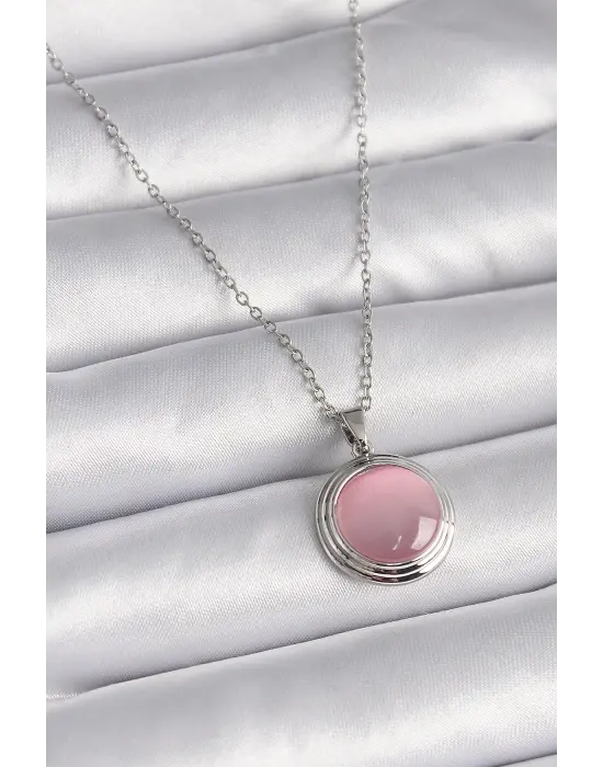  Gümüş  Daire Pembe Sedefli Model  Çelik Kolye