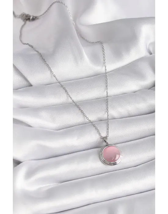  Gümüş  Daire Pembe Sedefli Model  Çelik Kolye