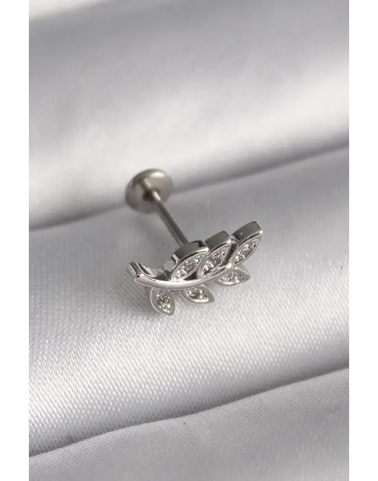 316L Çelik Gümüş Renk Dal Model Zirkon Taş Detaylı Tragus Piercing