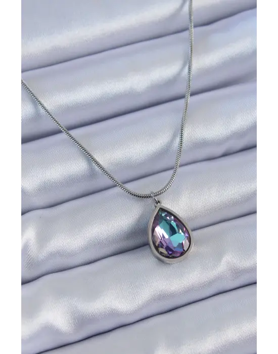  Gümüş  Damla Kristal Taş Model  Çelik Kolye