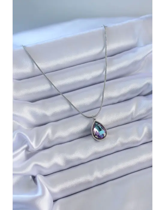  Gümüş  Damla Kristal Taş Model  Çelik Kolye