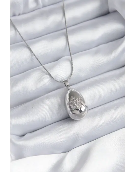  Gümüş  Damla Model Yıldız İşleme Zirkon Taş Detay  Çelik Kolye