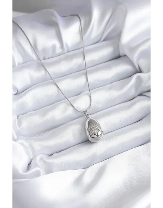  Gümüş  Damla Model Yıldız İşleme Zirkon Taş Detay  Çelik Kolye