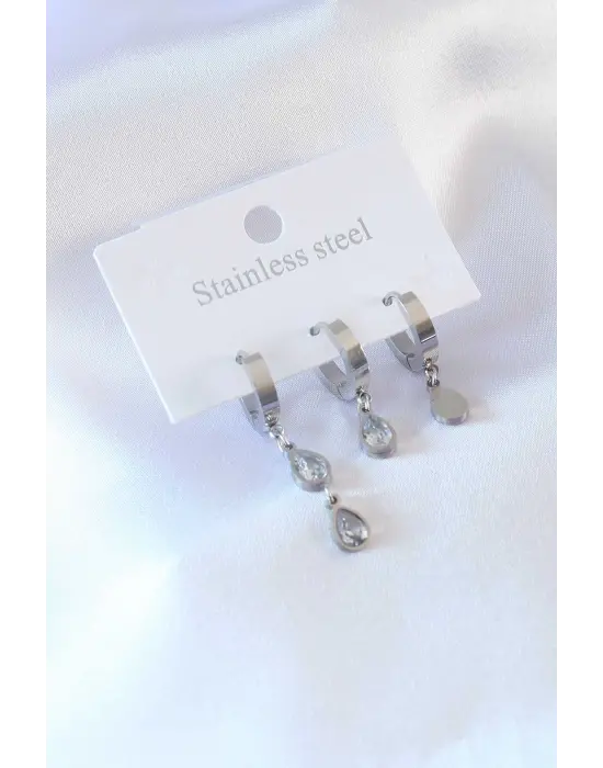 316L Çelik Gümüş Renk Damla Zirkon Taşlı Kadın Küpe