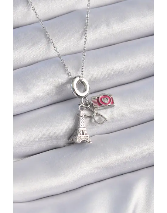  Gümüş  Eyfel Kule Fotoğraf Makinesi Model Charm  Çelik Kolye